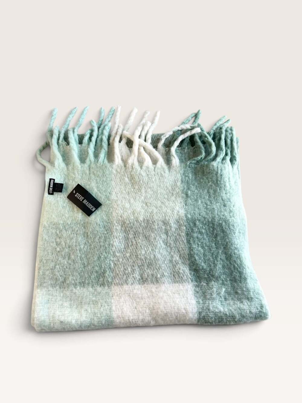 Steve Madden Green and White Plaid Tassel Winter Scarf
